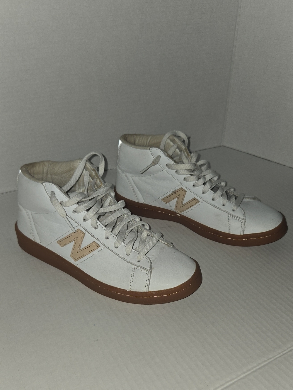 New Balance White High-Top Sneakers with Tan Logo and Brown Sole